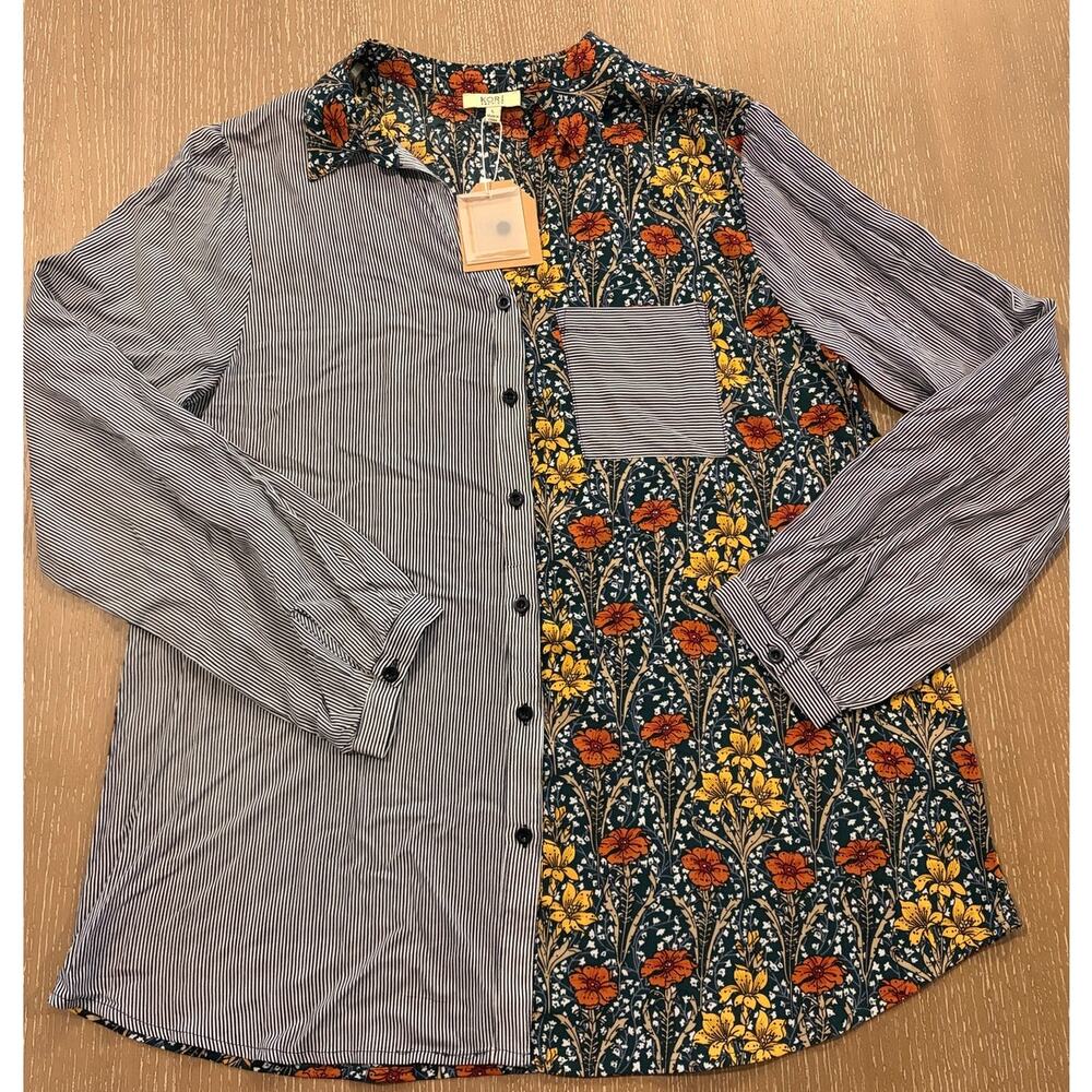 Kori America Mixed Print Button Down Shirt Floral Stripe Patch Pocket Boho Large